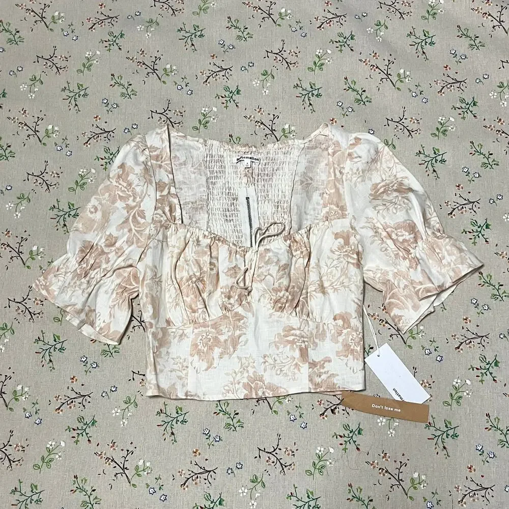 Reformation Linen Montague Top Mildred Pink Cream Milkmaid Puff Sleeve 4 Small